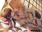  apron ascot bangs blonde_hair blush bow box_of_chocolates braid breast_press breasts brown_hair chocolate cleavage closed_eyes collarbone commentary detached_sleeves eyebrows_visible_through_hair french_kiss girl_on_top hair_bow hair_tubes hakurei_reimu indoors japanese_clothes kirisame_marisa kiss large_bow long_hair lying medium_breasts miko multiple_girls on_back open_mouth pillow piyokichi red_bow ribbon-trimmed_sleeves ribbon_trim single_braid thighhighs tongue tongue_out touhou valentine white_apron white_legwear white_pillow wide_sleeves yuri 