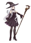  boots choker detached_sleeves dress full_body hat highres holding holding_staff kumama long_hair original pantyhose purple_eyes snake solo staff strapless strapless_dress very_long_hair white_background white_hair white_snake wide_sleeves witch witch_hat 