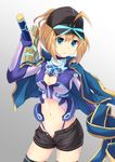  ahoge artoria_pendragon_(all) black_hat black_legwear black_shorts blonde_hair blue_cape blue_gloves blue_panties breasts cape cleavage cleavage_cutout cowboy_shot cross_(crossryou) fate/grand_order fate_(series) fingerless_gloves gloves gradient gradient_background grey_background hair_through_headwear hat highleg highleg_panties holding holding_sword holding_weapon midriff mysterious_heroine_x navel open_clothes open_shorts panties short_shorts shorts small_breasts solo standing stomach sword thighhighs underwear visor_cap weapon 
