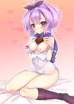  absurdres azur_lane bangle bangs bare_shoulders bed_sheet black_legwear black_ribbon blue_eyes blush bottomless bracelet breasts brown_background camisole chocolate chocolate_heart closed_mouth commentary_request eyebrows_visible_through_hair food gloves hair_ribbon harigane_shinshi heart heart-shaped_pupils heart_background high_ponytail highres holding holding_food javelin_(azur_lane) jewelry looking_at_viewer medium_breasts nipples ponytail purple_hair ribbon single_glove single_thighhigh sitting smile solo symbol-shaped_pupils thighhighs thighhighs_pull valentine wariza white_camisole white_gloves 