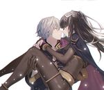  1girl black_hair bodystocking cape carrying cloak couple fire_emblem fire_emblem:_kakusei hetero hood male_my_unit_(fire_emblem:_kakusei) my_unit_(fire_emblem:_kakusei) princess_carry silver_hair simple_background smile tharja tiara zuizi 