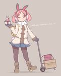  ;) alternate_costume animal_ears backpack bag black_legwear blue_gloves blue_skirt boots box brown_footwear bunny bunny_ears commentary_request duffel_coat earmuffs fake_animal_ears gift gift_box gloves grey_background hair_bobbles hair_ornament hand_truck highres holding holding_gift kantai_collection one_eye_closed pantyhose pink_eyes pink_hair pleated_skirt pori_(poritan81) sazanami_(kantai_collection) short_hair simple_background skirt smile twintails valentine white_coat yellow_backpack 