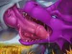  2018 dragon female feral field headshot invalid_tag karukuji knot kyala licking male male/female open_mouth oral penis saliva scalie slobber tongue tongue_out vein 