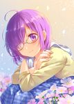  blue_dress crossed_arms dress eyebrows_visible_through_hair fate/grand_order fate_(series) flower glasses hair_over_one_eye jin_rikuri mash_kyrielight pink_flower purple_eyes purple_hair short_hair sitting smile solo 