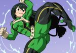  1girl :p abs ass asui_tsuyu belt bodysuit boku_no_hero_academia breasts closed_mouth curvy eyebrows_visible_through_hair female gloves green_hair impossible_clothes jumping long_hair looking_to_the_side medium_breasts muscle muscular_female pokkuti solo spread_legs tied_hair tongue tongue_out white_gloves 