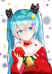  absurdres apple bell black_ribbon blue_eyes blue_hair food fruit hair_between_eyes hair_ribbon hatsune_miku head_tilt highres holding holding_food holding_fruit long_hair looking_at_viewer polka_dot_ribbon qingli_green red_sweater ribbon smile solo sweater twintails upper_body very_long_hair vocaloid 