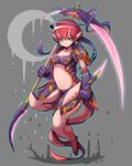  blue_eyes commentary_request crescent expressionless fantasy grey_background horns monster monster_girl original pink_skin pointy_ears red_hair scythe solo tail takotto tentacles 