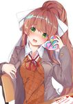  absurdres arm_rest artist_name bangs blazer blush bow box breasts brown_hair chair collared_shirt commentary d: desk doki_doki_literature_club embarrassed eyebrows_visible_through_hair gift gift_box green_eyes hair_bow hand_up head_tilt heart heart-shaped_box high_ponytail highres holding holding_gift jacket letter long_hair long_sleeves looking_at_viewer medium_breasts monika_(doki_doki_literature_club) neck_ribbon nose_blush open_clothes open_jacket open_mouth orange_sweater ponytail red_ribbon ribbon school_desk school_uniform shiny shiny_hair shirt sidelocks simple_background sitting solo sweater upper_body valentine white_background white_shirt wing_collar xhunzei 
