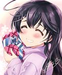  ahoge aran_sweater black_hair blush box character_name character_signature closed_eyes commentary hair_ornament hairclip heart-shaped_box holding holding_box kantai_collection long_hair purple_sweater smile solo sumeragi_hamao sweater ushio_(kantai_collection) valentine 