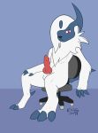  2019 :&lt; absol animal_genitalia animal_penis anthro balls blue_background blush canine_penis chair claws ellistia erection fur hair hair_over_eye hi_res knot male mammal mane nintendo nude office_chair penis pink_penis pok&eacute;mon pok&eacute;mon_(species) red_eyes simple_background sitting solo toe_claws video_games white_fur 