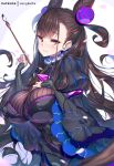  1girl artist_name black_dress breasts brown_hair calligraphy_brush commentary_request dress erect_nipples fate/grand_order fate_(series) fingernails hair_ornament hand_on_own_chest hands_up holding holding_paintbrush hong_(white_spider) juliet_sleeves large_breasts long_hair long_sleeves murasaki_shikibu_(fate) nail_polish paintbrush parted_lips petals pink_nails puffy_sleeves purple_background red_eyes sidelocks sleeves_past_wrists smile solo two-tone_background two_side_up very_long_hair white_background wide_sleeves 