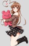  ahoge aoi_renji ass bare_shoulders black_footwear blush boots brown_eyes brown_hair brown_jacket dress eyebrows_visible_through_hair full_body grey_background heart_ahoge highres holding holding_stuffed_animal jacket kantai_collection knee_boots kuma_(kantai_collection) long_hair looking_at_viewer polka_dot polka_dot_dress simple_background solo stuffed_animal stuffed_toy teddy_bear tongue tongue_out 