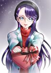  black_gloves black_hat blue_eyes bow box gift gift_box giving glasses gloves gradient gradient_background grey_background hair_ornament hairclip hat heart-shaped_box heartcatch_precure! long_hair looking_at_viewer precure purple_hair red_sweater simple_background smile solo sweater tsukikage_oyama tsukikage_yuri upper_body valentine white_background white_coat 