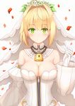  ahoge blonde_hair blush breasts cleavage fate/grand_order fate_(series) flower green_eyes heart-shaped_pupils large_breasts nero_claudius_(fate) nero_claudius_(fate)_(all) ring saber_bride saber_extra simple_background smile zipper 