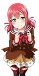  alternate_hairstyle aqua_eyes bangs blush brown_dress chocolate chocolate_heart commentary_request double-breasted dress hair_ornament heart heart_hair_ornament holding holding_chocolate incoming_gift kurosawa_ruby long_sleeves looking_at_viewer love_live! love_live!_sunshine!! low_twintails red_hair red_ribbon ribbon sailor_dress simple_background smile solo thighhighs twintails valentine white_background yopparai_oni 