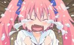  1girl ahoge blue_bow blush bow clenched_hands crying eyes_closed fang hair_bow milim_nava open_mouth pink_hair sad sailor_collar school_uniform serafuku solo sparkle tears tensei_shitara_slime_datta_ken tongue twintails wavy_mouth 