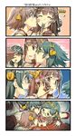  4koma ^_^ bare_shoulders black_hair brown_eyes brown_hair cake closed_eyes comic commentary detached_sleeves double_bun eighth_note empty_eyes face_licking female_pervert food food_on_face fork glasses green-framed_eyewear grey_eyes hairband haruna_(kantai_collection) headgear hiei_(kantai_collection) highres holding holding_fork japanese_clothes kantai_collection kirishima_(kantai_collection) kongou_(kantai_collection) licking long_hair multiple_girls musical_note nonco nontraditional_miko pervert ribbon-trimmed_sleeves ribbon_trim short_hair smile tongue tongue_out translated what wide_sleeves you_gonna_get_raped yuri 