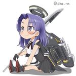  ahenn blue_eyes blue_hair chibi commentary_request holding kantai_collection long_hair lowres machinery mechanical_halo polearm remodel_(kantai_collection) simple_background sitting smile solo tatsuta_(kantai_collection) turret twitter_username weapon white_background 