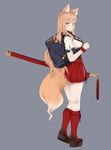  animal_ear_fluff animal_ears ass bag bangs blonde_hair brown_footwear e_draw_paint fate/extra fate/extra_ccc fate/extra_ccc_fox_tail fate/grand_order fate_(series) fox_ears fox_girl fox_tail from_side full_body grey_background highres holding holding_sword holding_weapon katana kneehighs long_hair looking_at_viewer looking_back pleated_skirt red_legwear red_scrunchie red_skirt school_bag scrunchie short_sleeves side_slit simple_background skirt solo standing suzuka_gozen_(fate) sword tail very_long_hair weapon wrist_scrunchie yellow_eyes 