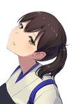  blue_ribbon brown_hair commentary green_eyes hair_ribbon highres japanese_clothes kaga_(kantai_collection) kantai_collection long_hair looking_at_viewer masukuza_j muneate ribbon shaft_look side_ponytail simple_background solo tasuki upper_body white_background 