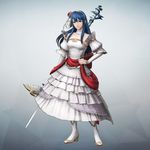  3d blue_eyes blue_hair bridal_veil bride bride_(fire_emblem) dress fire_emblem fire_emblem:_monshou_no_nazo fire_emblem_musou flower formal full_body game_model gloves long_hair looking_at_viewer official_art pegasus_knight rose sheeda simple_background smile solo strapless strapless_dress veil weapon wedding_dress white_dress white_gloves 