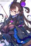  1girl artist_name bespectacled black-framed_eyewear black_dress breasts brown_hair calligraphy_brush dress erect_nipples fate/grand_order fate_(series) fingernails glasses hair_ornament hand_on_own_chest hands_up holding holding_paintbrush hong_(white_spider) juliet_sleeves large_breasts long_hair long_sleeves murasaki_shikibu_(fate) nail_polish paintbrush parted_lips petals pink_nails puffy_sleeves purple_background red_eyes sidelocks sleeves_past_wrists smile solo two-tone_background two_side_up very_long_hair white_background wide_sleeves 