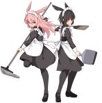  2girls alternate_costume apron black_dress black_footwear black_hair black_legwear broom dress dustpan enmaided fate/grand_order fate_(series) full_body head_wings hildr_(fate/grand_order) holding holding_broom loafers long_hair maid maid_apron maid_headdress multiple_girls ortlinde_(fate/grand_order) pink_hair red_eyes shiseki_hirame shoes short_hair simple_background smile valkyrie_(fate/grand_order) valkyrie_style white_apron white_background 