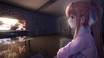  bangs bookshelf bow brown_hair ceiling closed_mouth commentary dark doki_doki_literature_club english_commentary from_side green_eyes hair_bow indoors long_hair long_sleeves looking_to_the_side love_live! love_live!_sunshine!! monika_(doki_doki_literature_club) night painting_(object) pajamas ponytail reflection screen_light sidelocks sitting smile solo table television tsukimaru watching_television wooden_floor 