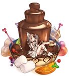  animal_ears ankle_ribbon banana_slice bare_shoulders barefoot blueberry chocolate chocolate_covered chocolate_fountain chocolate_on_body chocolate_on_breasts chocolate_on_clothes chocolate_on_face chocolate_on_fingers chocolate_on_foot chocolate_on_legs commentary_request cream_puff dress fang food food_on_face food_request fruit full_body hair_ribbon highres kazana_(sakuto) kiwi_slice long_hair marshmallow mint one_eye_closed open_mouth orange orange_slice original partially_submerged ponytail ribbon saku_(kazana) sleeveless sleeveless_dress strawberry tail thigh_ribbon tied_hair wafer white_dress white_hair wolf_ears wolf_tail yellow_eyes 