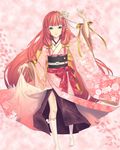  bangs blush cherry_blossoms closed_mouth green_eyes hair_ribbon highres japanese_clothes kimono long_hair looking_at_viewer oichi_(sengoku_taisen) original rakuhei red_hair ribbon sengoku_taisen smile solo spring_(season) 