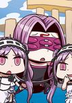  3girls blindfold chibi euryale fate/grand_order fate/hollow_ataraxia fate_(series) headband laughing long_hair multiple_girls open_mouth purple_eyes purple_hair rider riyo_(lyomsnpmp) siblings sisters stheno twins twintails 