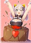 animal_ears armpits arms_up bangs black_dress blue_eyes blush breasts cake candle cat_ears chocolate_cake cleavage cleavage_cutout dotted_line dress eyebrows_visible_through_hair fake_animal_ears food hair_ornament hairclip heart highres kaguya_luna kaguya_luna_(character) large_breasts long_hair looking_at_viewer myumi obi outline pink_background sash shiny shiny_skin sidelocks silver_hair sleeveless sleeveless_dress solo sweatband twintails twitter_username underbust upper_body white_outline 