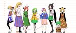  animal_ears bucket cat_ears cat_tail cup daitoutei dress height_chart highres horn hoshiguma_yuugi kaenbyou_rin kisume komeiji_koishi komeiji_satori kurodani_yamame long_hair miniskirt mizuhashi_parsee multiple_girls multiple_tails no_headwear oni reiuji_utsuho sakazuki short_hair simple_background skirt standing subterranean_animism tail third_eye touhou wings 