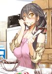  alternate_costume apron black_hair blush chocolate collarbone commentary_request cooking food food_on_face hair_between_eyes hair_over_shoulder haruna_(kantai_collection) holding kantai_collection kitchen kyougoku_touya long_hair looking_at_viewer mixing_bowl off-shoulder_sweater pink_apron solo spatula sweater tasting yellow_eyes 