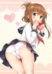  ass blush box brown_hair folded_ponytail gift gift_box hair_ornament hairclip heart heart-shaped_box highres holding holding_gift inazuma_(kantai_collection) kantai_collection kneepits long_sleeves looking_at_viewer looking_back neckerchief panties pantyshot pleated_skirt school_uniform serafuku skirt solo standing takoyaki_(takoyaki-batake) trefoil underwear valentine white_panties 