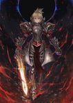  armor armored_boots blonde_hair boots fate/apocrypha fate_(series) fire gauntlets green_eyes hair_ornament hair_scrunchie highres holding holding_sword holding_weapon long_hair memekun mordred_(fate) mordred_(fate)_(all) red_scrunchie scrunchie smile solo sword weapon 