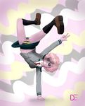  abs ashido_mina black_sclera blazer boku_no_hero_academia breakdancing dress_shirt horns loafers muscles necktie orange_eyes panties panty_flash pink_hair pink_skin skirt skirt_flip smile striped_panties victory_pose yellow_eyes 