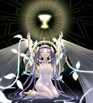  1girl barefoot choker cup fate/grand_order fate/hollow_ataraxia fate_(series) glow glowing grail halo headband holy_grail kneeling legs open_mouth panties purple_eyes purple_hair purple_panties see-through stheno tagme thighs twintails very_long_hair 