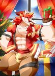  2017 5_fingers abs absurd_res anthro biceps big_biceps big_muscles big_pecs canine christmas daikitei digital_media_(artwork) fur gift hat hi_res holidays looking_at_viewer male mammal muscular muscular_male pecs red_fur solo wolf 