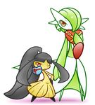  2girls black_hair blush daisukebeisu extra_mouth female full_body gardevoir gift green_hair hair_over_one_eye half-closed_eyes hand_on_hip hand_up holding incoming_gift legs_apart mawile multiple_girls no_humans one_eye_closed pokemon pokemon_(creature) pokemon_rse red_eyes simple_background smile standing valentine white_background 