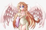  1girl angel_wings blonde_hair blue_eyes breasts cleavage ecstasy feathers goddess hand_on_own_chest ilias large_breasts long_hair looking_at_viewer mon-musu_quest! simple_background smile solo wings 