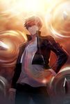  black_jacket black_pants blonde_hair cowboy_shot dress_shirt fate/stay_night fate_(series) gate_of_babylon gilgamesh hair_between_eyes hand_on_hip jacket lens_flare looking_at_viewer male_focus mamiya_(enmmy) open_clothes open_jacket pants red_eyes shirt signature solo standing white_shirt 