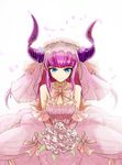  1girl bare_shoulders blue_eyes bouquet bride dragon_girl dress elizabeth_bathory_(fate) fate/extra_ccc fate/grand_order fate_(series) flower flower_petals horns long_hair looking_at_viewer petals pink_hair simple_background smile tagme wedding wedding_dress white_background 