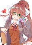  :p absurdres arm_rest artist_name bangs bespectacled blazer blush bow box breasts brown_hair chair collared_shirt commentary desk doki_doki_literature_club english_commentary eyebrows_visible_through_hair gift gift_box glasses green_eyes hair_bow hand_up head_tilt heart heart-shaped_box high_ponytail highres holding holding_gift jacket letter long_hair long_sleeves looking_at_viewer medium_breasts monika_(doki_doki_literature_club) neck_ribbon open_clothes open_jacket orange_sweater ponytail red_ribbon ribbon school_desk school_uniform shiny shiny_hair shirt sidelocks simple_background sitting solo sweater tongue tongue_out upper_body valentine white_background white_shirt wing_collar xhunzei 