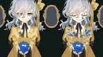  alternate_costume blue_blood blue_eyes blue_flower blue_rose closed_eyes dress dual_persona flower grey_hair hair_ribbon knife komeiji_koishi long_hair looking_at_viewer mirror neck_ribbon ribbon rose seeker silver_hair slit_pupils smile third_eye touhou wide_sleeves yellow_dress 