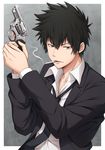  black_hair black_jacket black_neckwear blue_eyes cigarette collared_shirt formal grey_background gun handgun holding holding_gun holding_weapon jacket kougami_shin'ya looking_at_viewer male_focus nakamura_sumikage psycho-pass revolver shirt short_hair simple_background smoking suit weapon white_shirt 