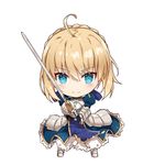  ahoge armor armored_boots armored_dress artoria_pendragon_(all) blonde_hair blue_dress blue_eyes blue_ribbon boots braid chibi crown_braid dress excalibur eyebrows_visible_through_hair fate/stay_night fate_(series) full_body gabiran gauntlets hair_between_eyes hair_ribbon holding holding_sword holding_weapon looking_at_viewer lowres ribbon saber sidelocks simple_background smile solo standing sword weapon white_background 