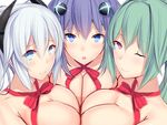  :o ;) asymmetrical_docking black_heart blue_eyes blush breast_press breasts commentary_request daiaru green_hair green_heart hair_between_eyes large_breasts looking_at_viewer medium_breasts multiple_girls neptune_(series) one_eye_closed pink_eyes ponytail power_symbol purple_hair purple_heart red_ribbon ribbon silver_hair smile symbol-shaped_pupils topless twintails upper_body valentine 