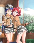  :o belt blue_hair brown_gloves camouflage camouflage_hairband camouflage_hat camouflage_shirt camouflage_shorts camouflage_skirt character_name commentary desk fingerless_gloves gloves gun hairband hat highres jacket kneepits long_hair looking_at_viewer love_live! love_live!_school_idol_project map mountain multiple_girls navel nishikino_maki open_mouth purple_eyes red_hair rocket_launcher rpg short_hair shorts skirt sling smile sonoda_umi tree tucana very_long_hair weapon yellow_eyes 