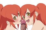 2girls bare_shoulders chastel_aiheap disembodied_penis fellatio hisca_aiheap hisuka_aiheap long_hair multiple_girls open_mouth oral orange_hair penis ponytail shastere_aiheap tales_of_(series) tales_of_vesperia tales_of_vesperia:_the_first_strike tongue yellow_eyes 